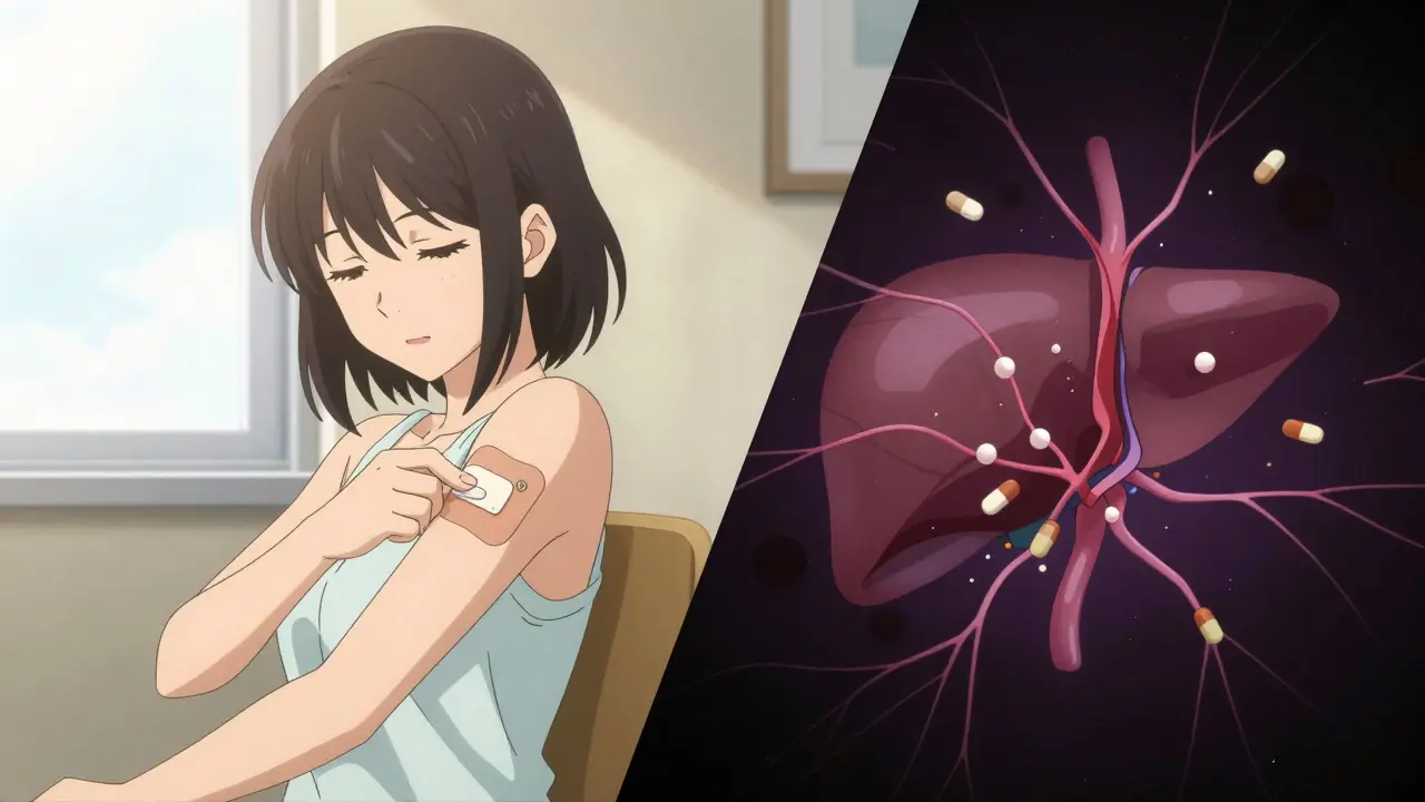 Split screen comparing safe skin patch HRT vs risky oral pills