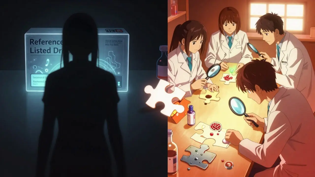 Split screen showing difficulty of reverse engineering drugs
