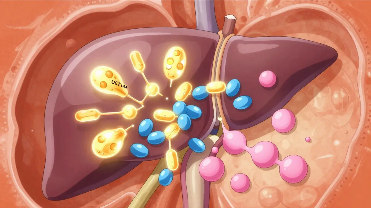 Stylized anime illustration of liver enzymes breaking down drugs faster