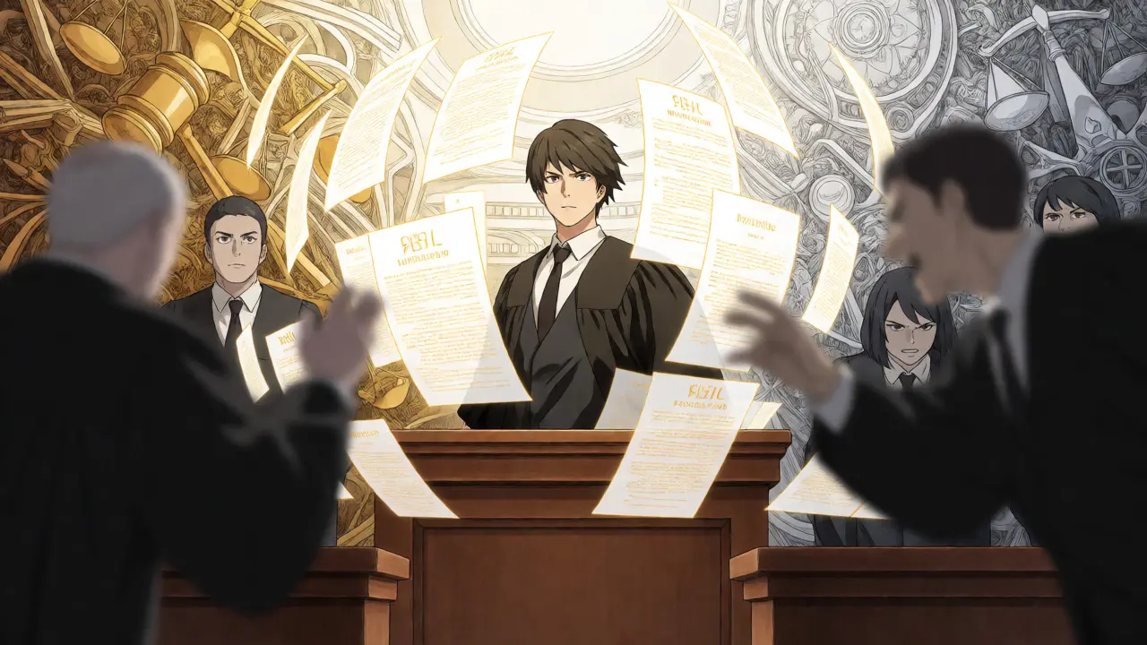 A whistleblower surrounded by swirling legal documents in a dramatic courtroom anime scene.