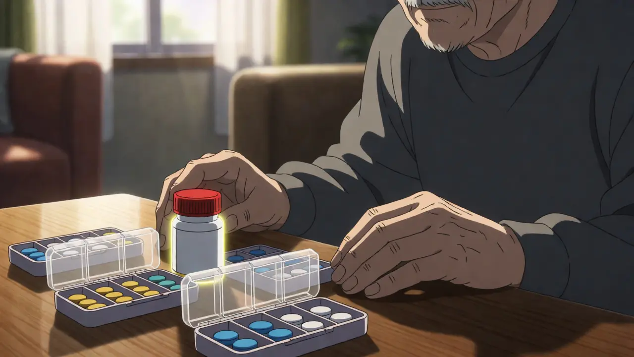 Close-up of an elderly person's hands examining pill organizers on a table.