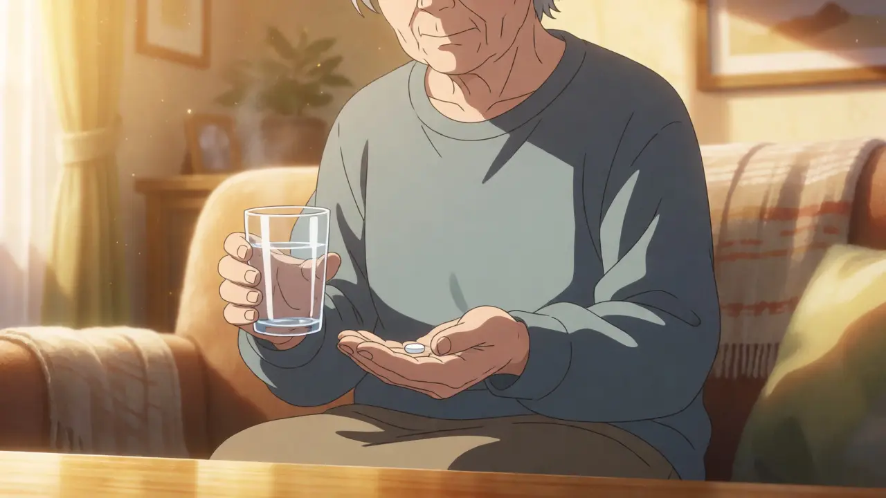 Elderly person taking medication at home