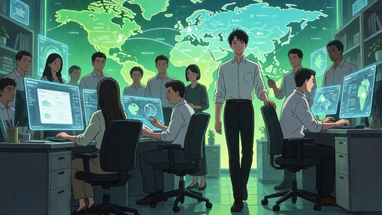 Employees in a futuristic office breaking free from symbolic chains in an anime style.