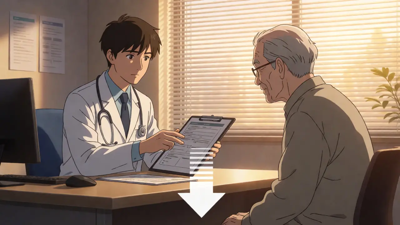 Pharmacist consulting with an elderly patient in a warm, sunlit clinic.